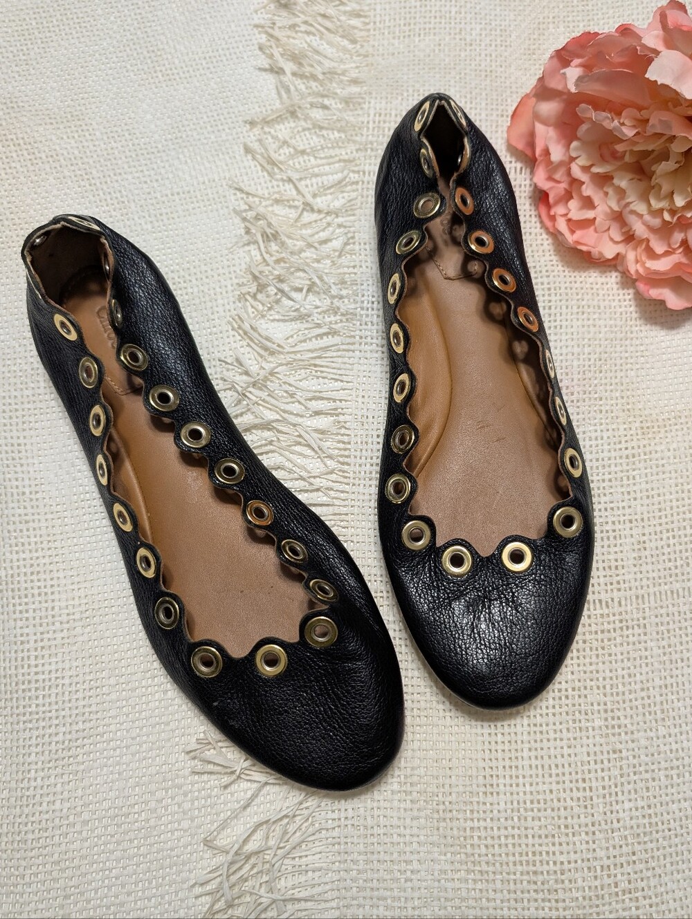 Chloe Black Textured Loafers with Gold Eyele Leather Eyelet Ballet Flats